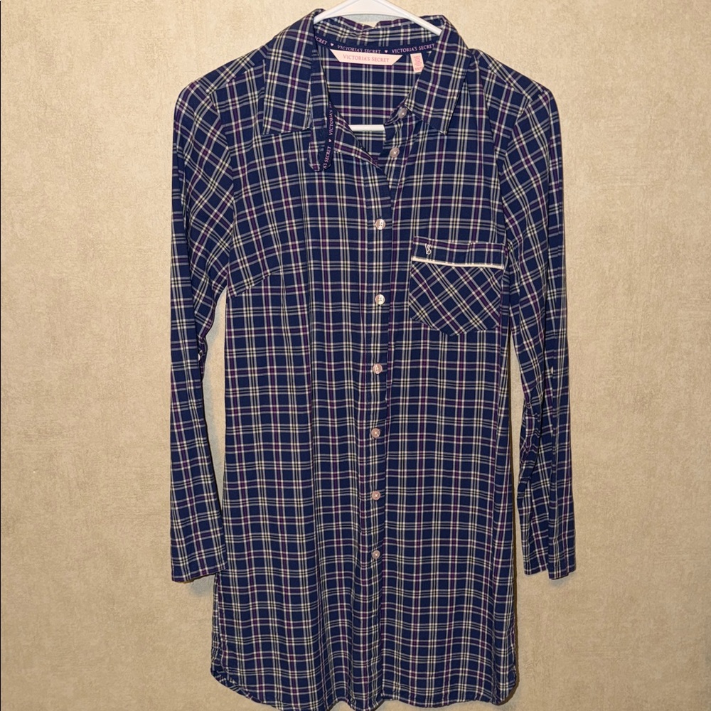 Victoria’s Secret Sleepwear Sleep Shirt Plaid Long Sleeve Shirt Dress XS Button